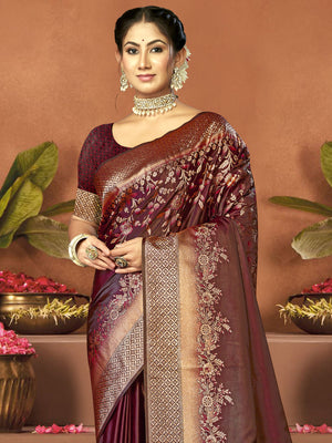 Women Maroon Satin Silk Saree With Un Stitched Blouse | NOZ2TOZ - Made In INDIA.