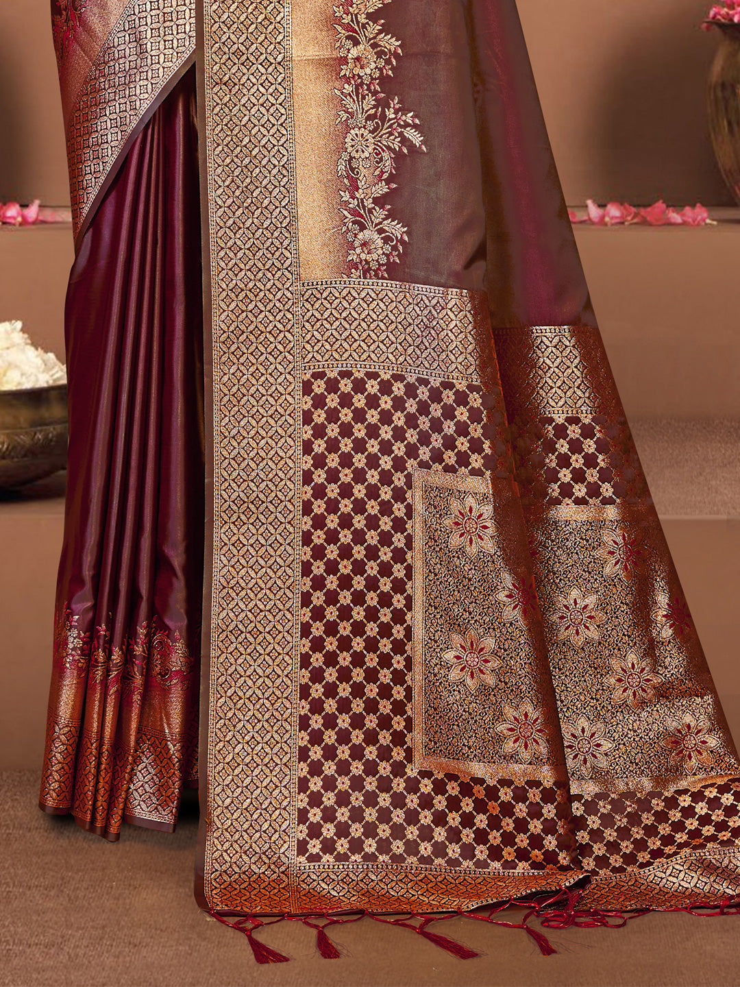 Women Maroon Satin Silk Saree With Un Stitched Blouse | NOZ2TOZ - Made In INDIA.