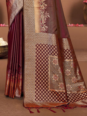 Women Maroon Satin Silk Saree With Un Stitched Blouse | NOZ2TOZ - Made In INDIA.