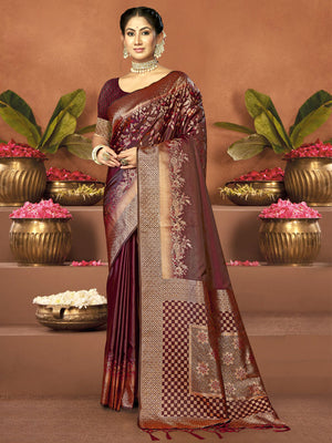 Women Maroon Satin Silk Saree With Un Stitched Blouse | NOZ2TOZ - Made In INDIA.