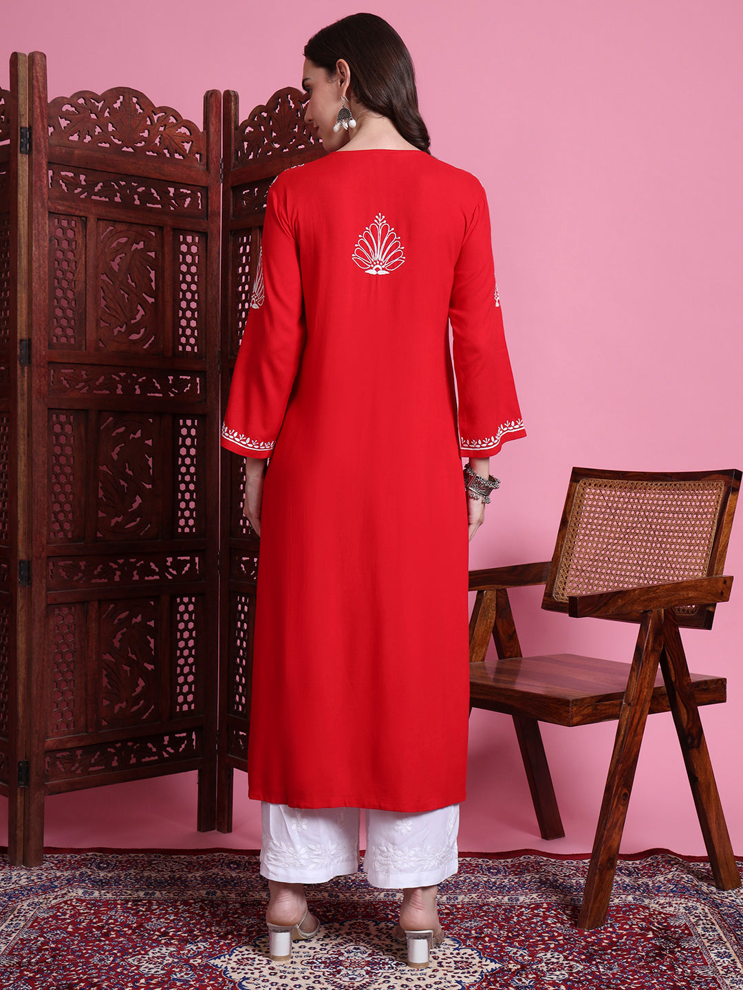 Women's Chikankari Red Modal Kurta