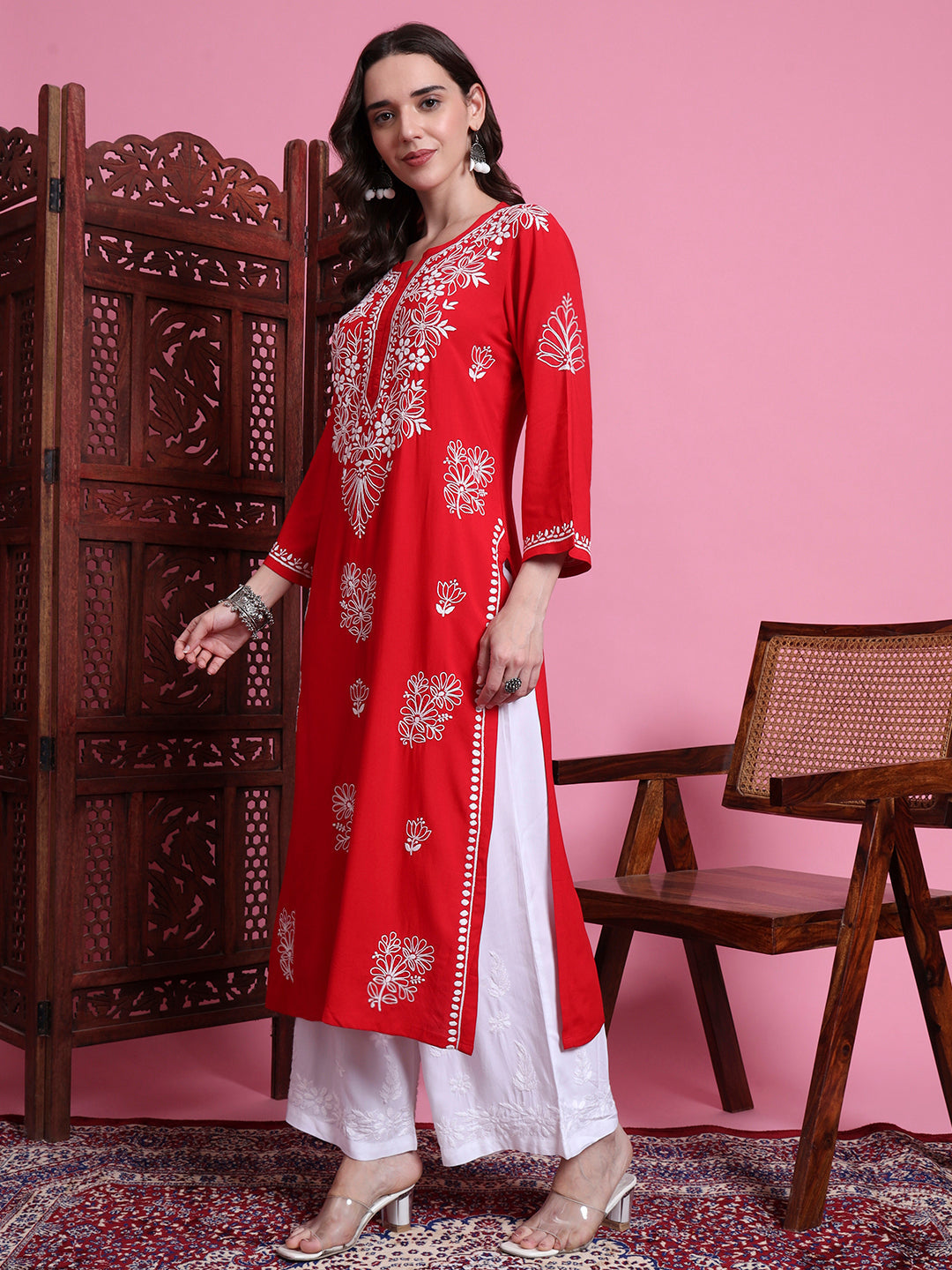 Women's Chikankari Red Modal Kurta