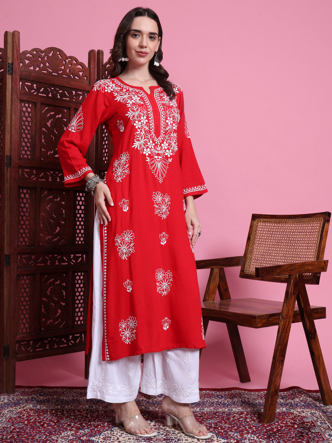 Women's Chikankari Red Modal Kurta