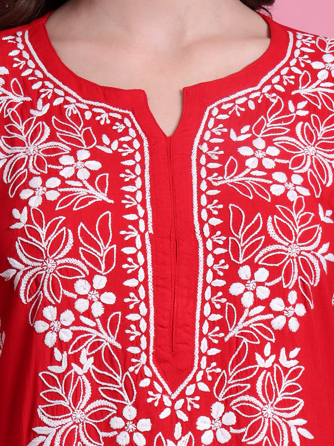 Women's Chikankari Red Modal Kurta