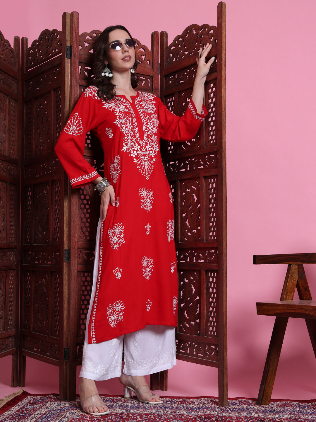 Women's Chikankari Red Modal Kurta