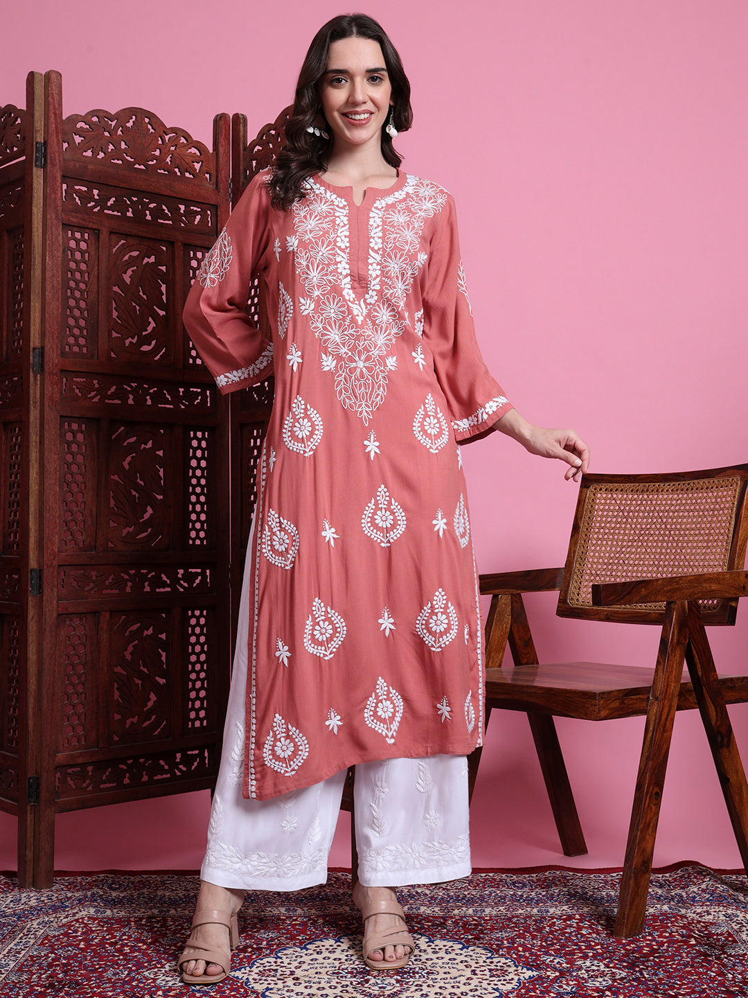 Women's Chikankari Modal Peach Color Kurta