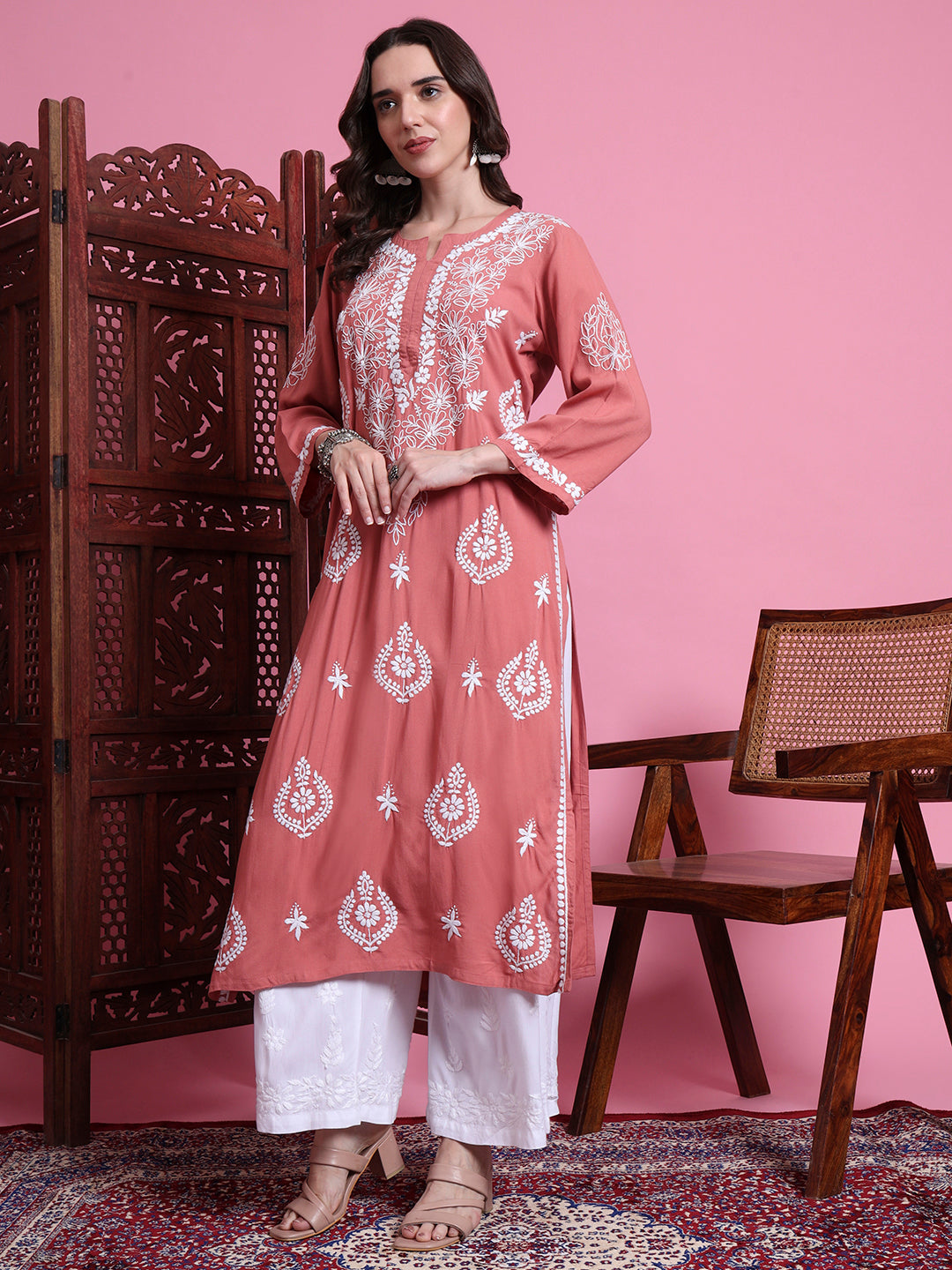 Women's Chikankari Modal Peach Color Kurta