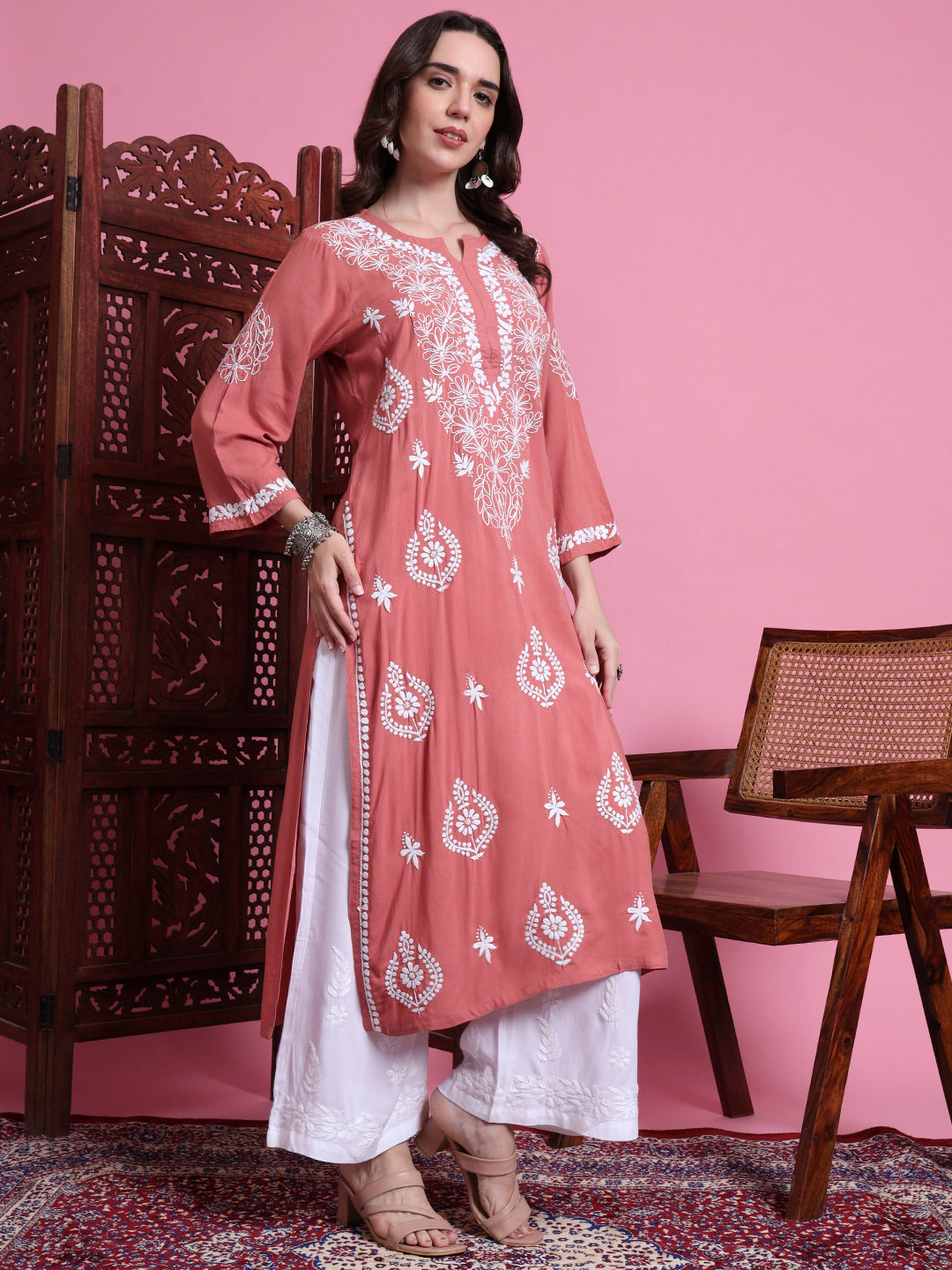 Women's Chikankari Modal Peach Color Kurta
