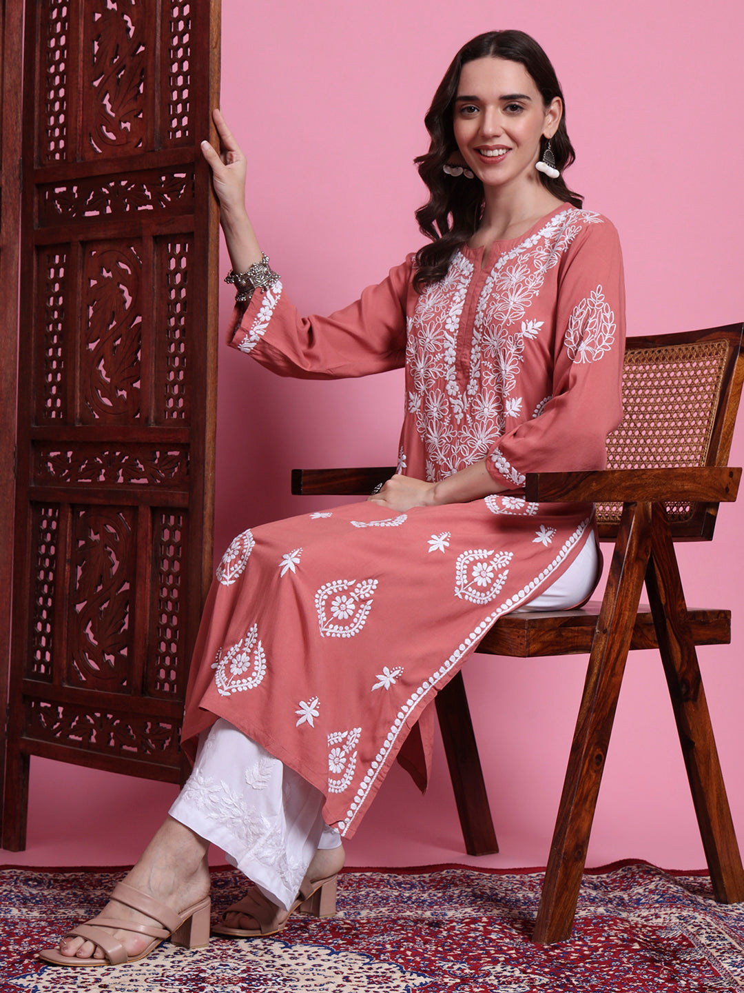 Women's Chikankari Modal Peach Color Kurta