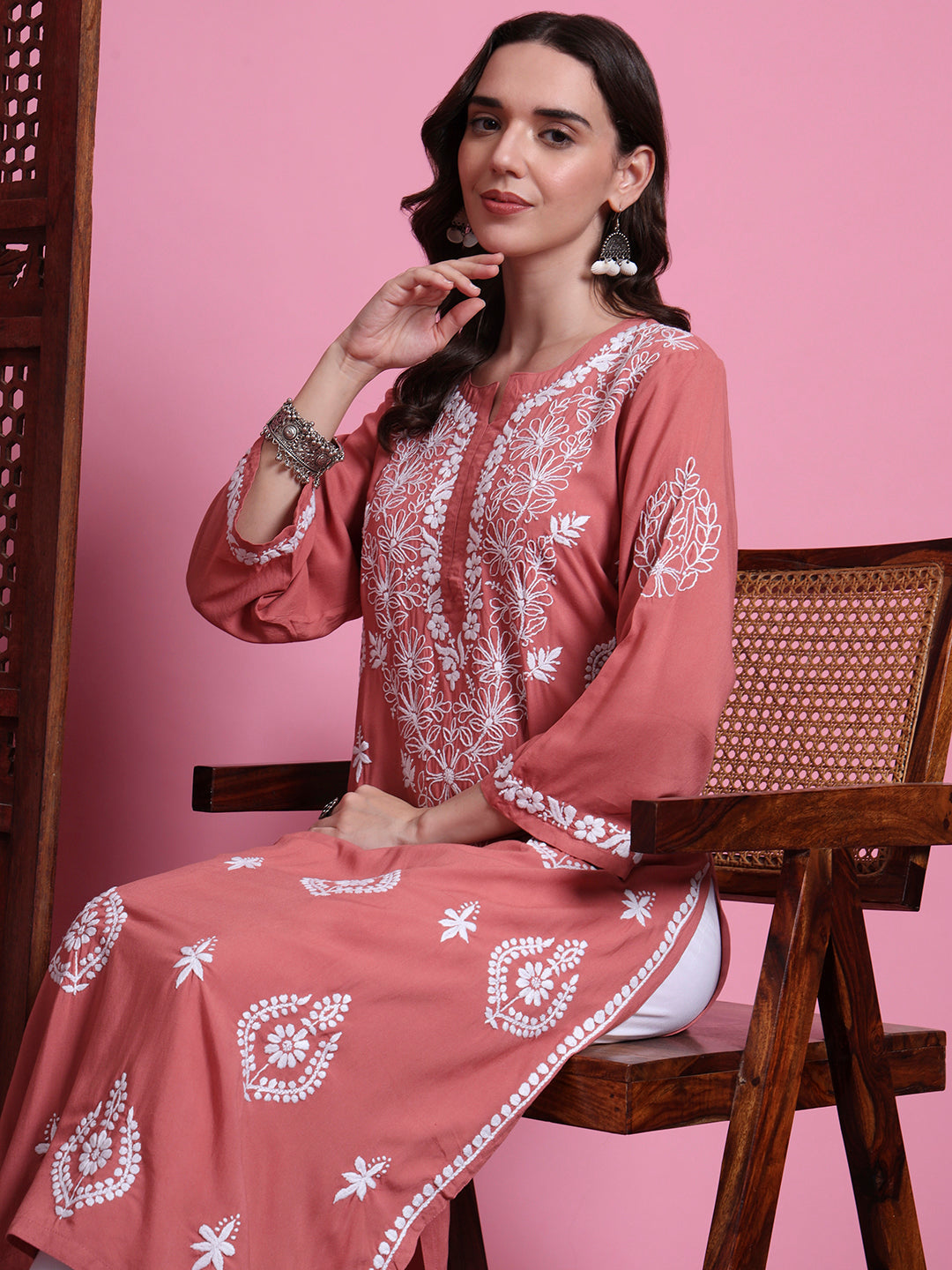Women's Chikankari Modal Peach Color Kurta