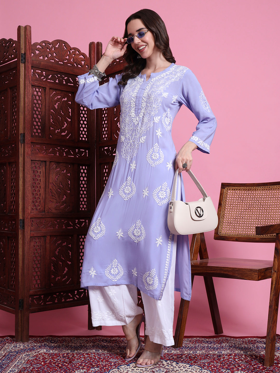 Women's Chikankari Modal Purple Color Kurta.