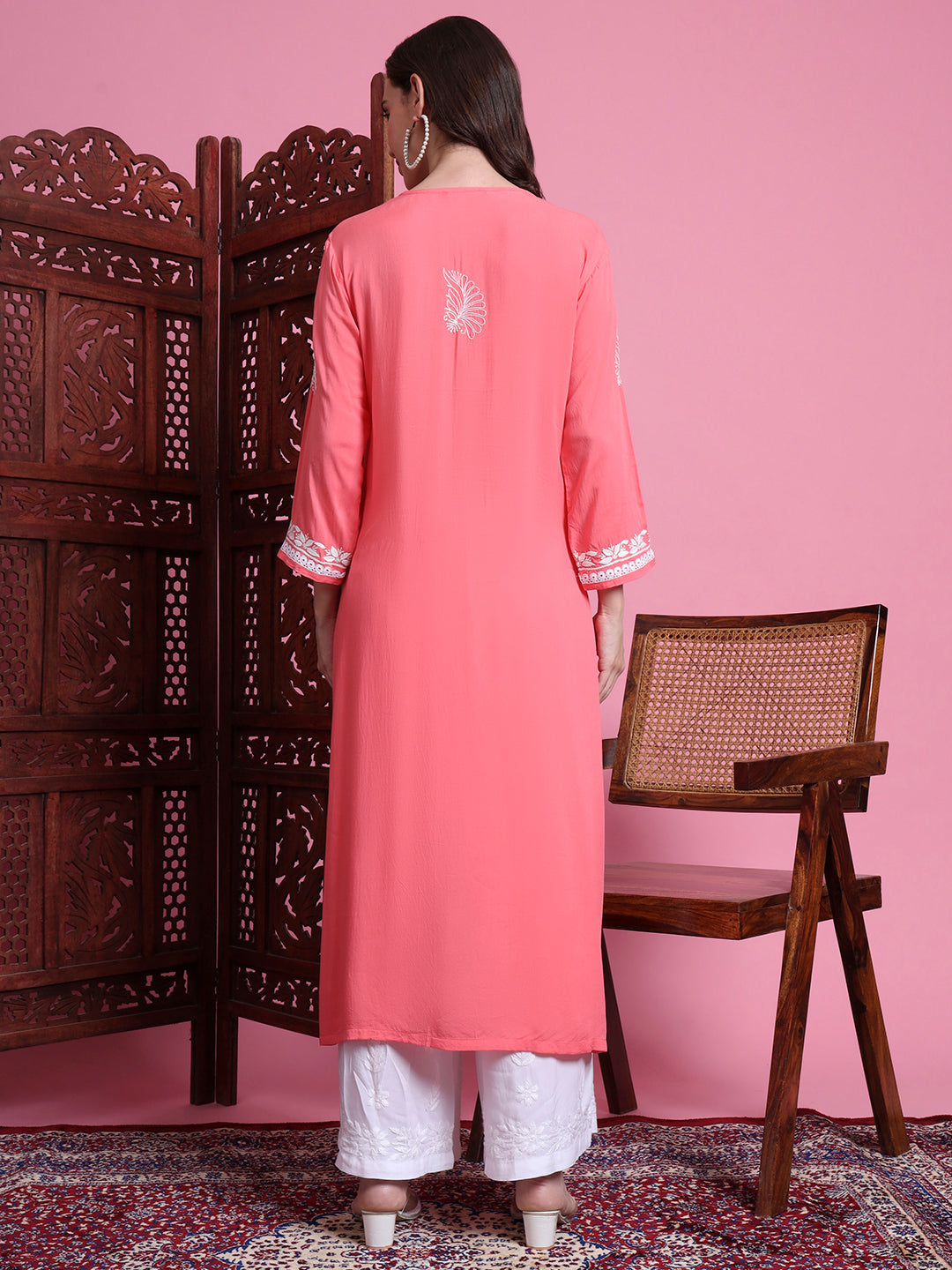 Women's Chikankari Peach Color Kurta.