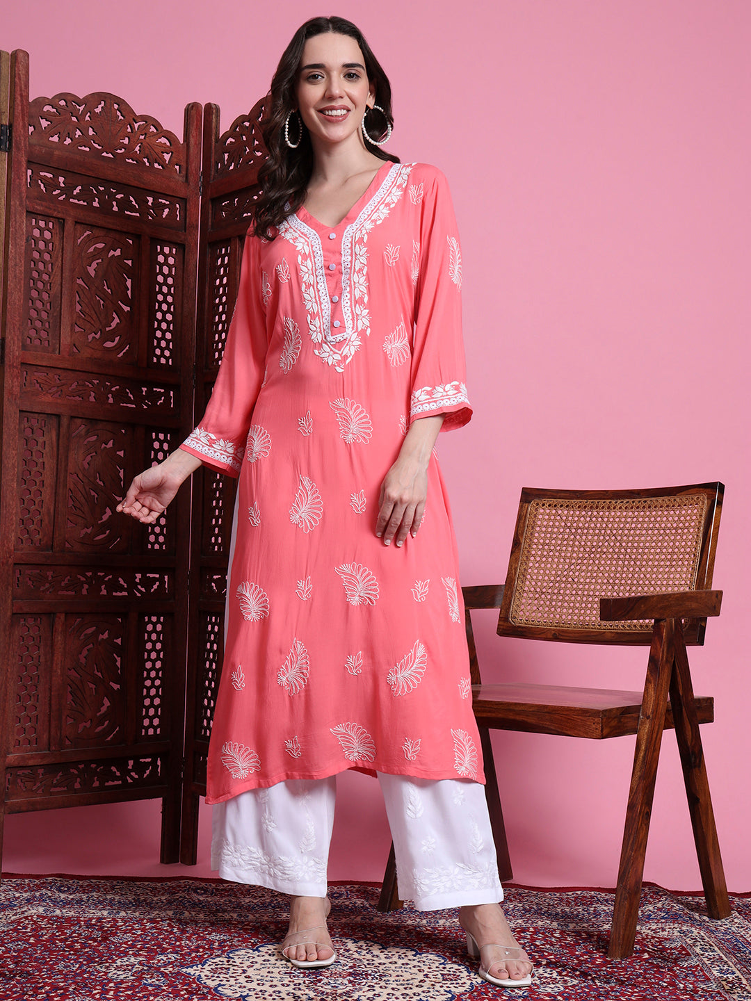 Women's Chikankari Peach Color Kurta.