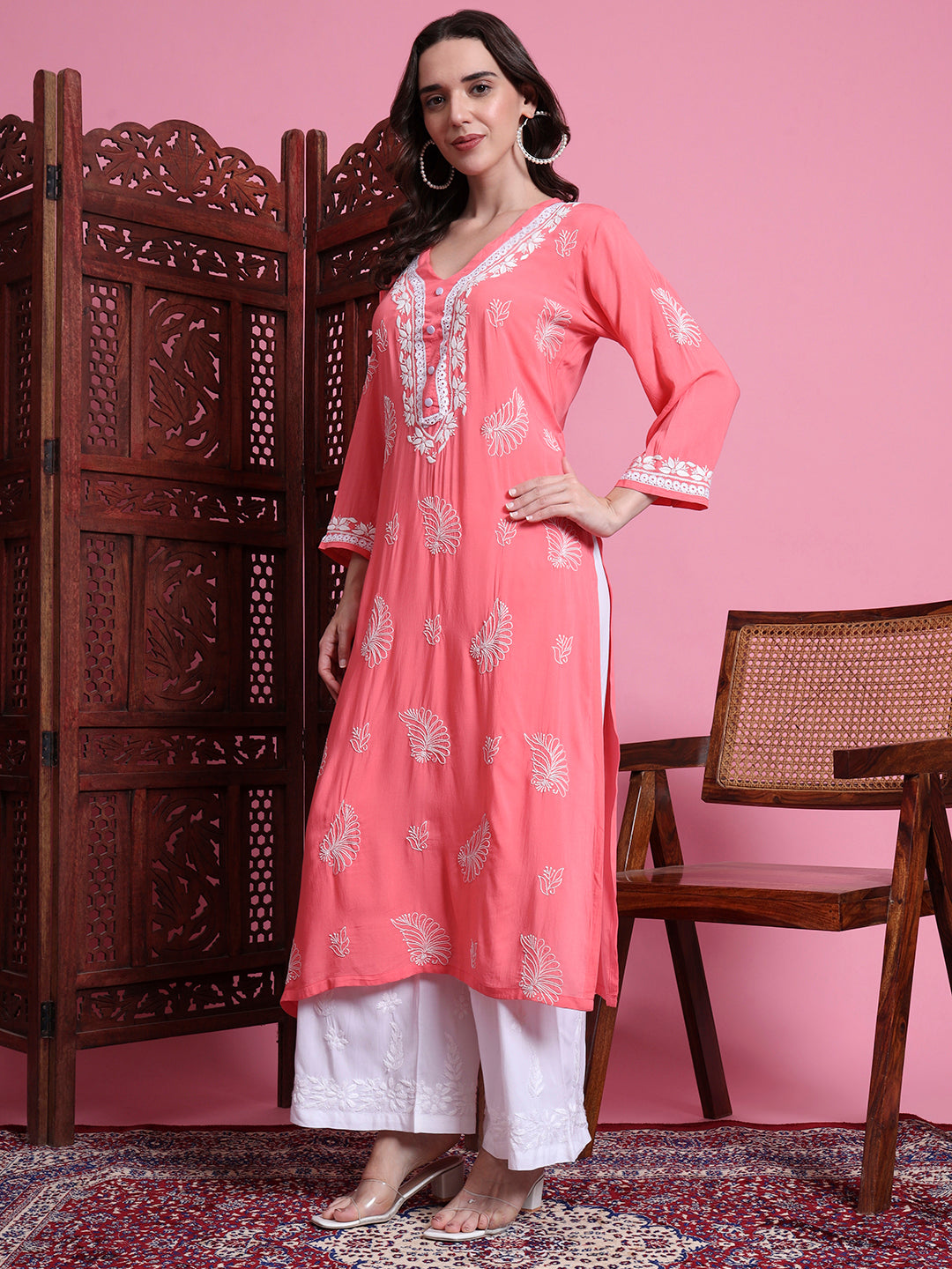 Women's Chikankari Peach Color Kurta.
