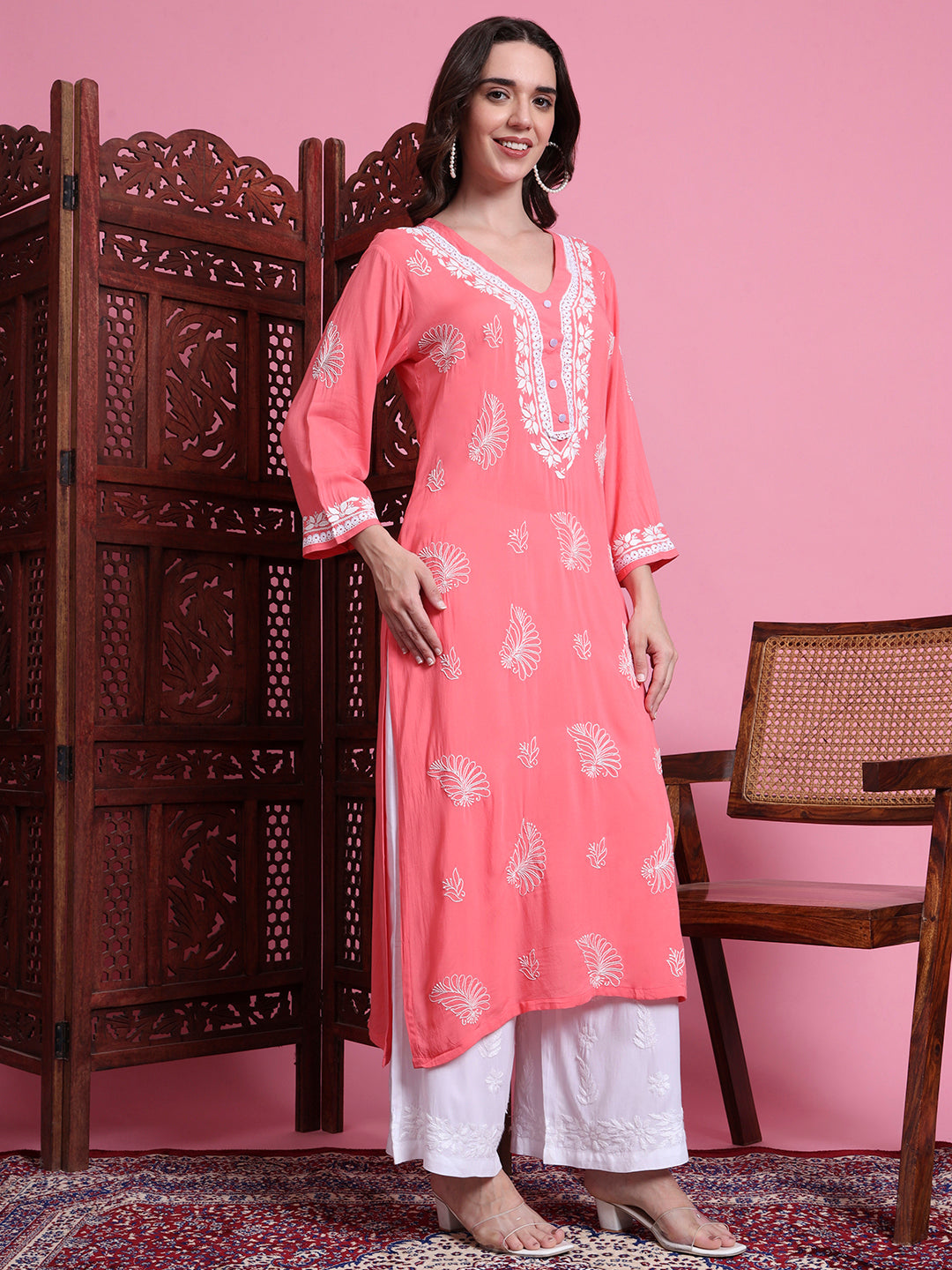Women's Chikankari Peach Color Kurta.