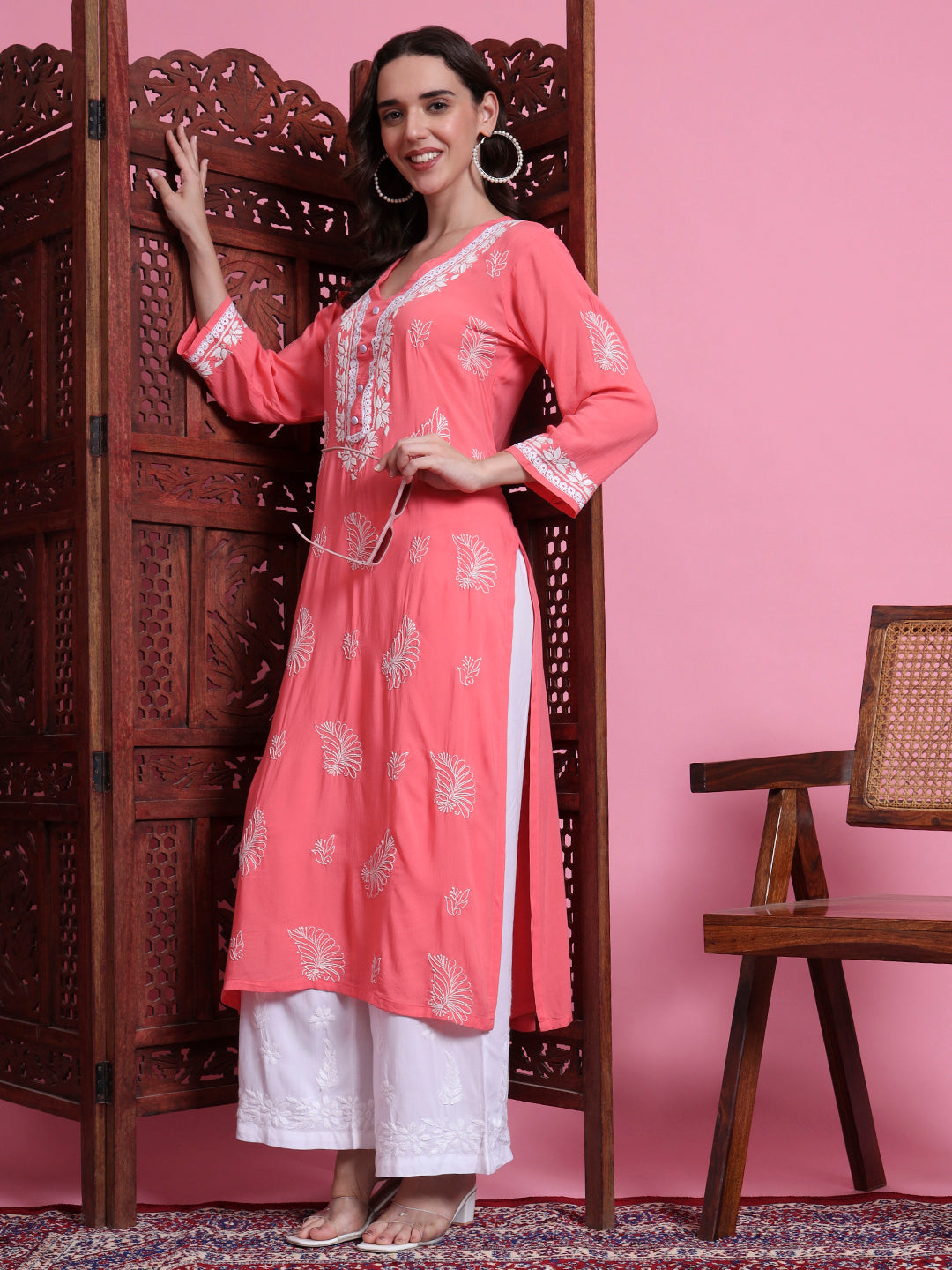 Women's Chikankari Peach Color Kurta.