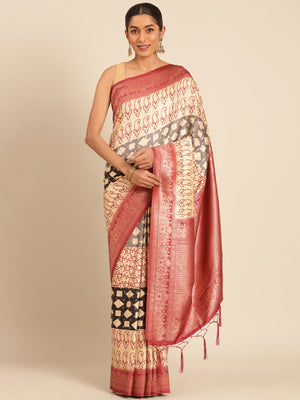 Women Cream Silk Saree With Un Stitched Blouse | NOZ2TOZ - Made In INDIA.