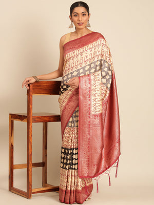 Women Cream Silk Saree With Un Stitched Blouse | NOZ2TOZ - Made In INDIA.