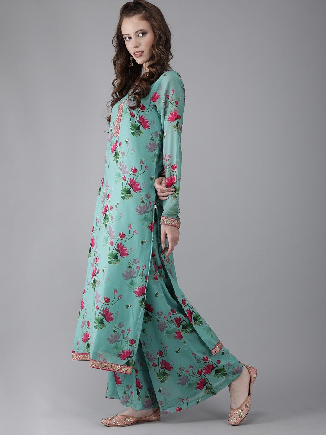 Women's  Turquoise Blue & Pink Printed Kurta with Palazzos & Dupatta