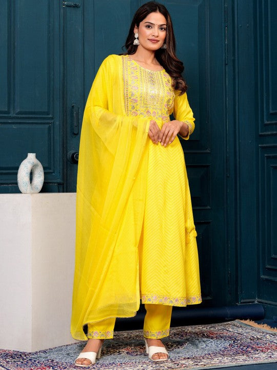 Women's Floral Yoke Design Sequined Anarkali Kurta & Palazzos With Dupatta
