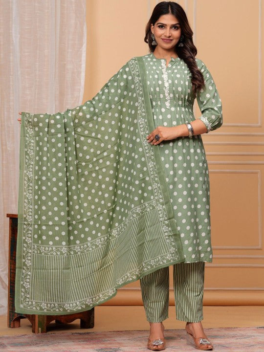 Women's Geometric Printed Thread Work Regular Pure Cotton Kurta with Palazzos & Dupatta - Taantav