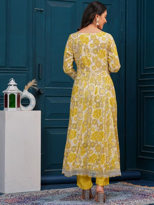 Women's Floral Embroidered Regular Cotton Kurta with Trousers & With Dupatta