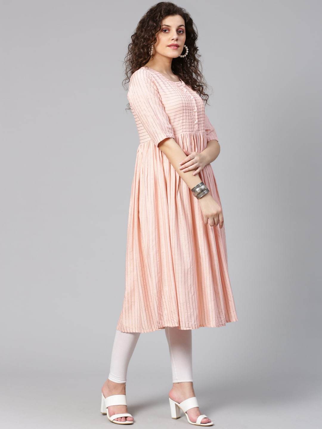 Women's Pink & Golden Striped Anarkali Kurta