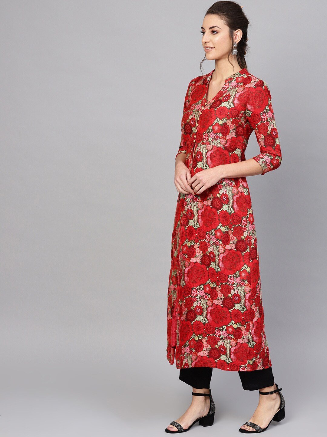 Women's  Red & Green Self Design Longline Ethnic Jacket -