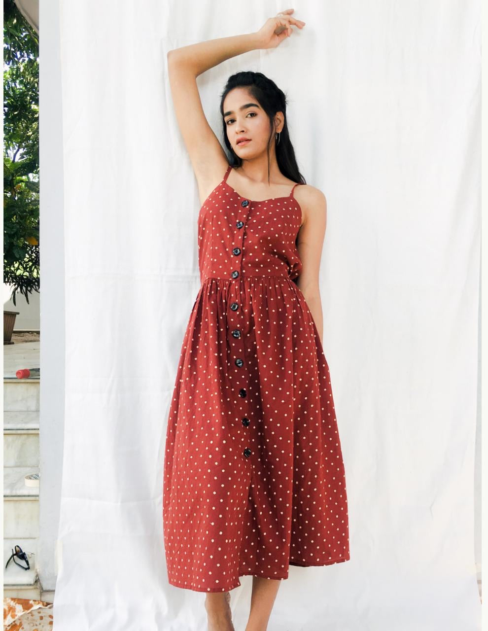 Women's Maroon Polka Button-Down Dress - Nangalia Ruchira