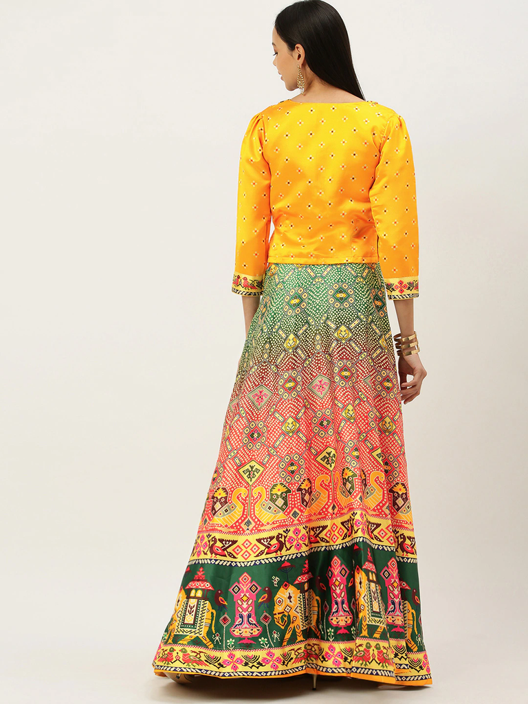Women's Bandhni Patola Type Digital Print Shiney Satin Croptop Lehenga Choli With Unstitched Blouse