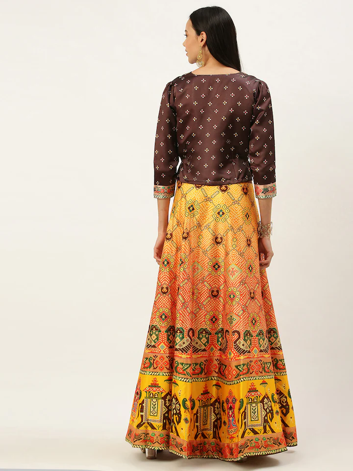Women's Bandhni Patola Type Digital Print Shiney Satin Croptop Lehenga Choli With Unstitched Blouse
