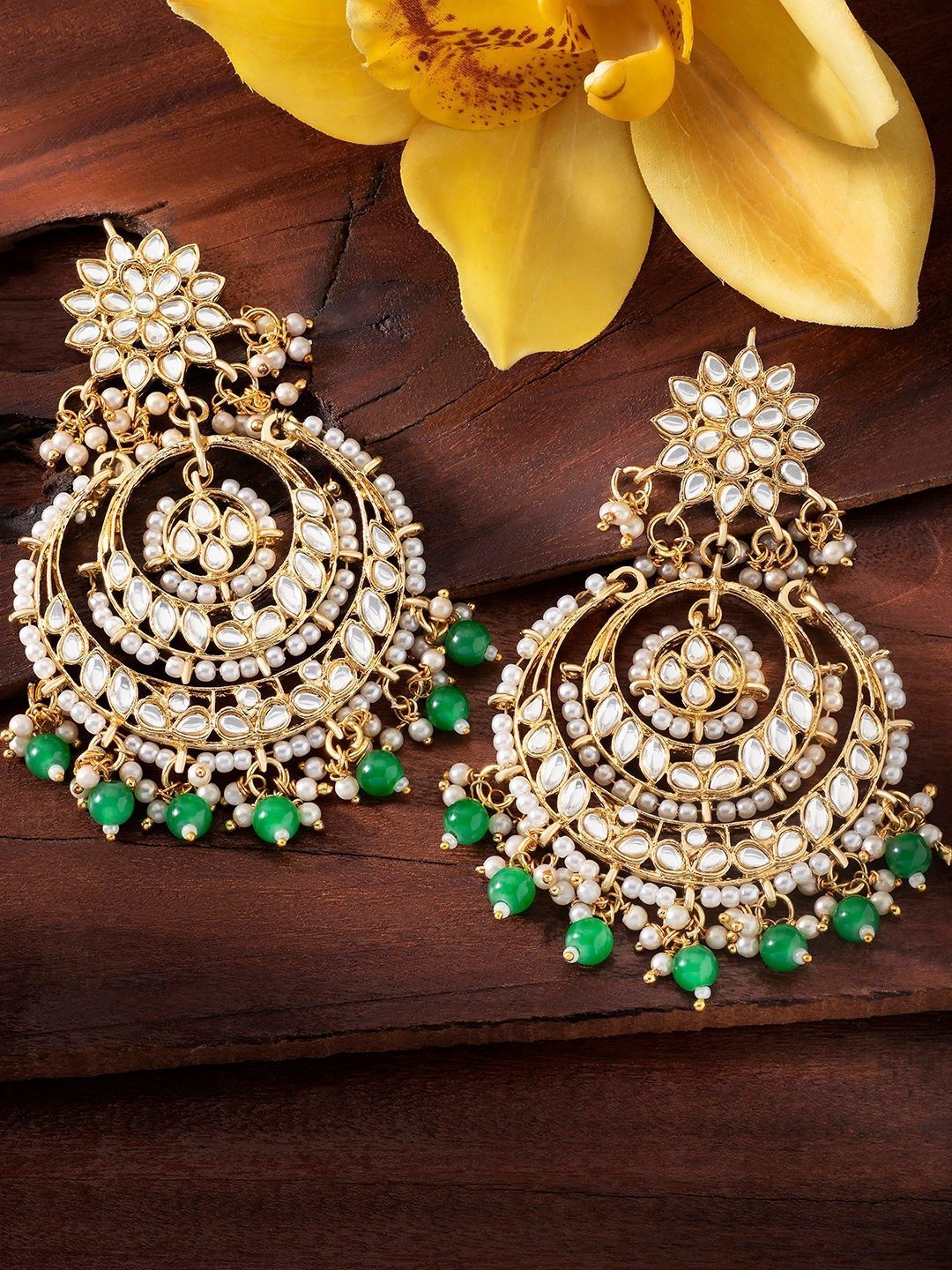 Women's  Green Gold Plated Alloy Traditional Handcrafted Beaded Big Chandbali Earrings