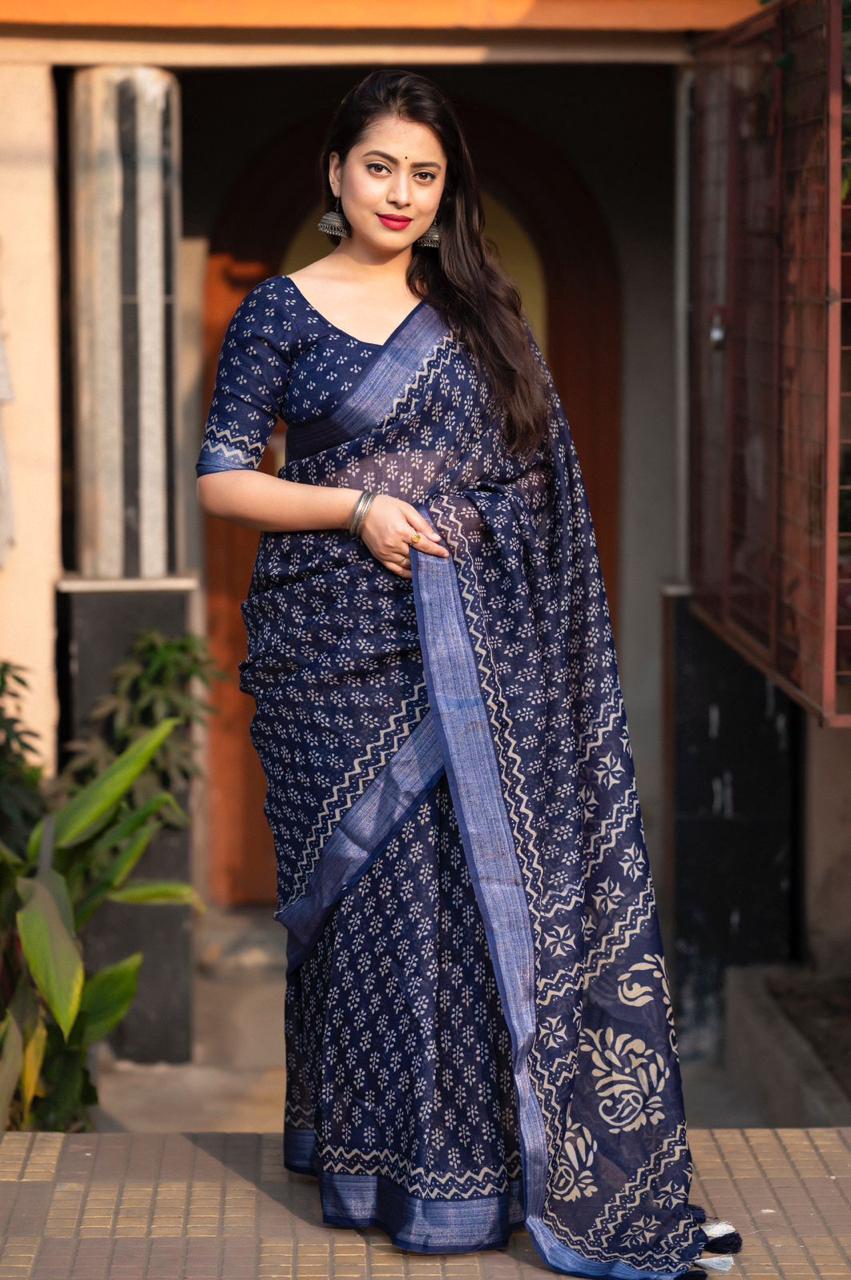 Women's Navyblue Soft Linen By Linen Saree With Blouse - A2M