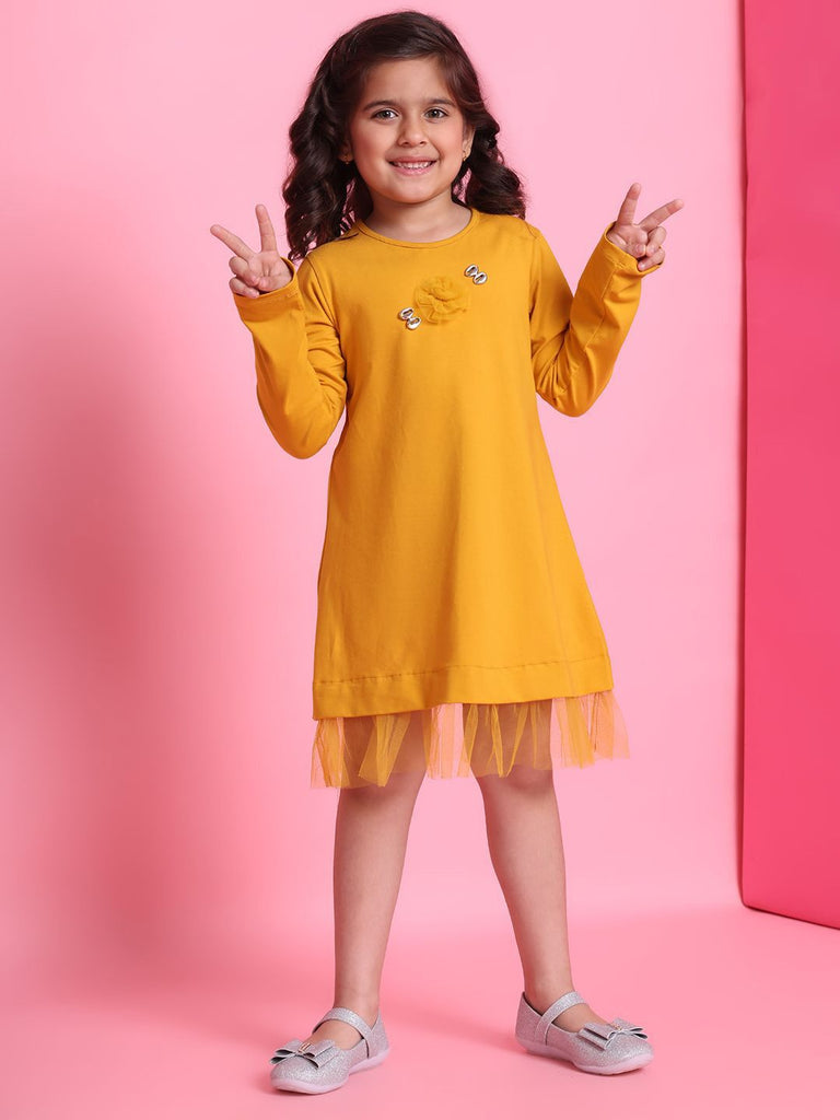 Girl's Yellow Cotton Solid Dress