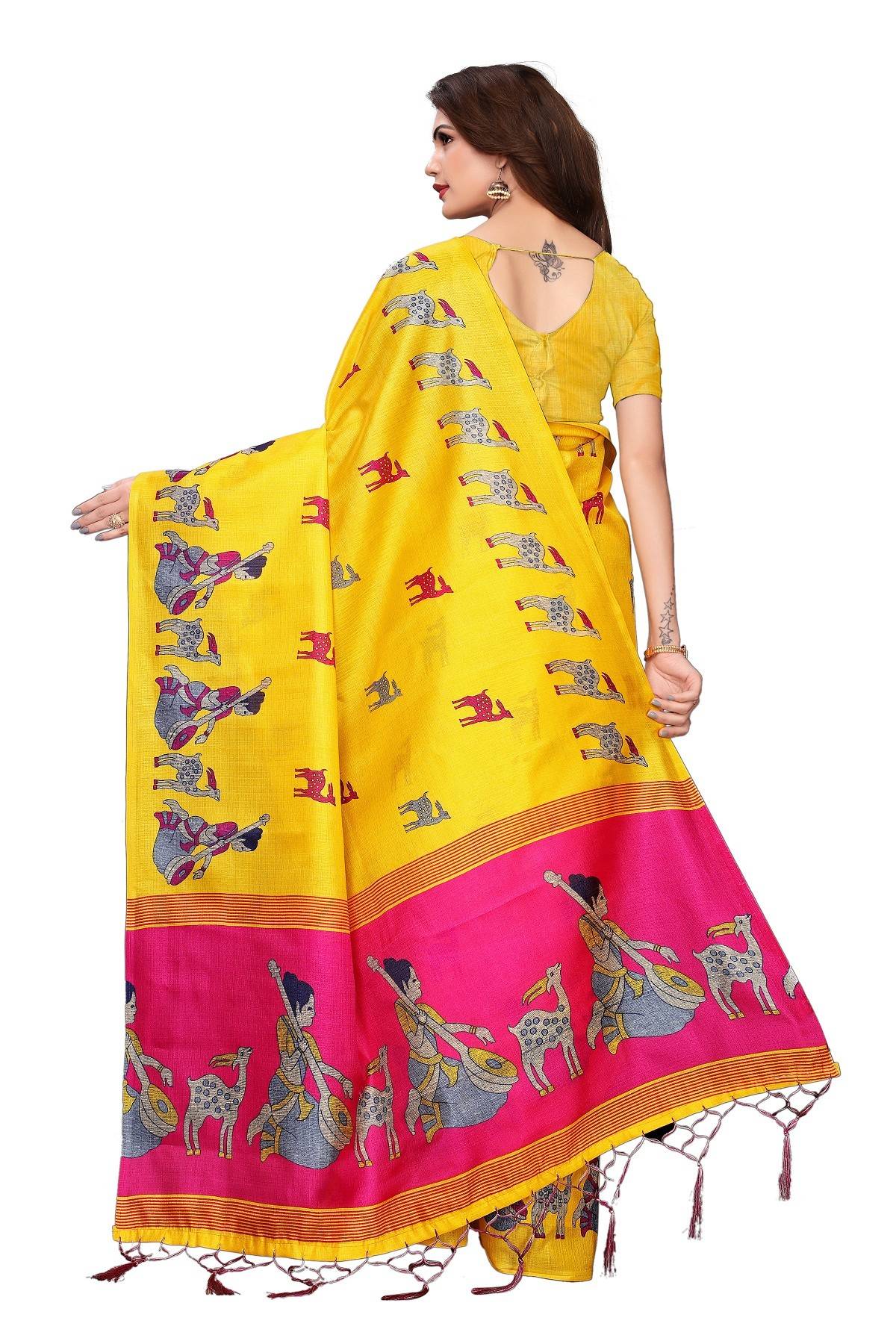 Women's Vamika Pink Kalamkari With Jhalar Silk Saree Maithali Yellow