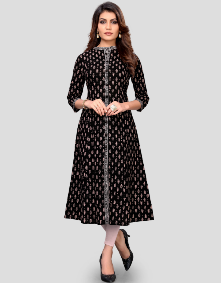 Women's Black Color Cotton Flared Kurta  (1Pc)