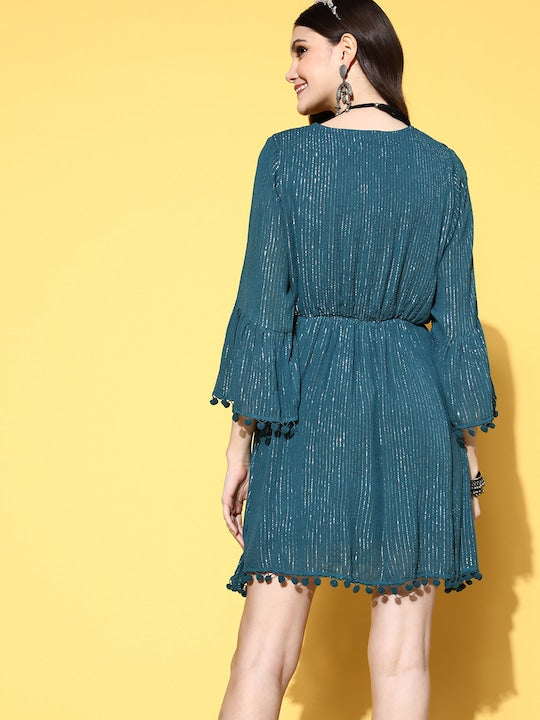 Women's Teal Lurex Dress With Lace