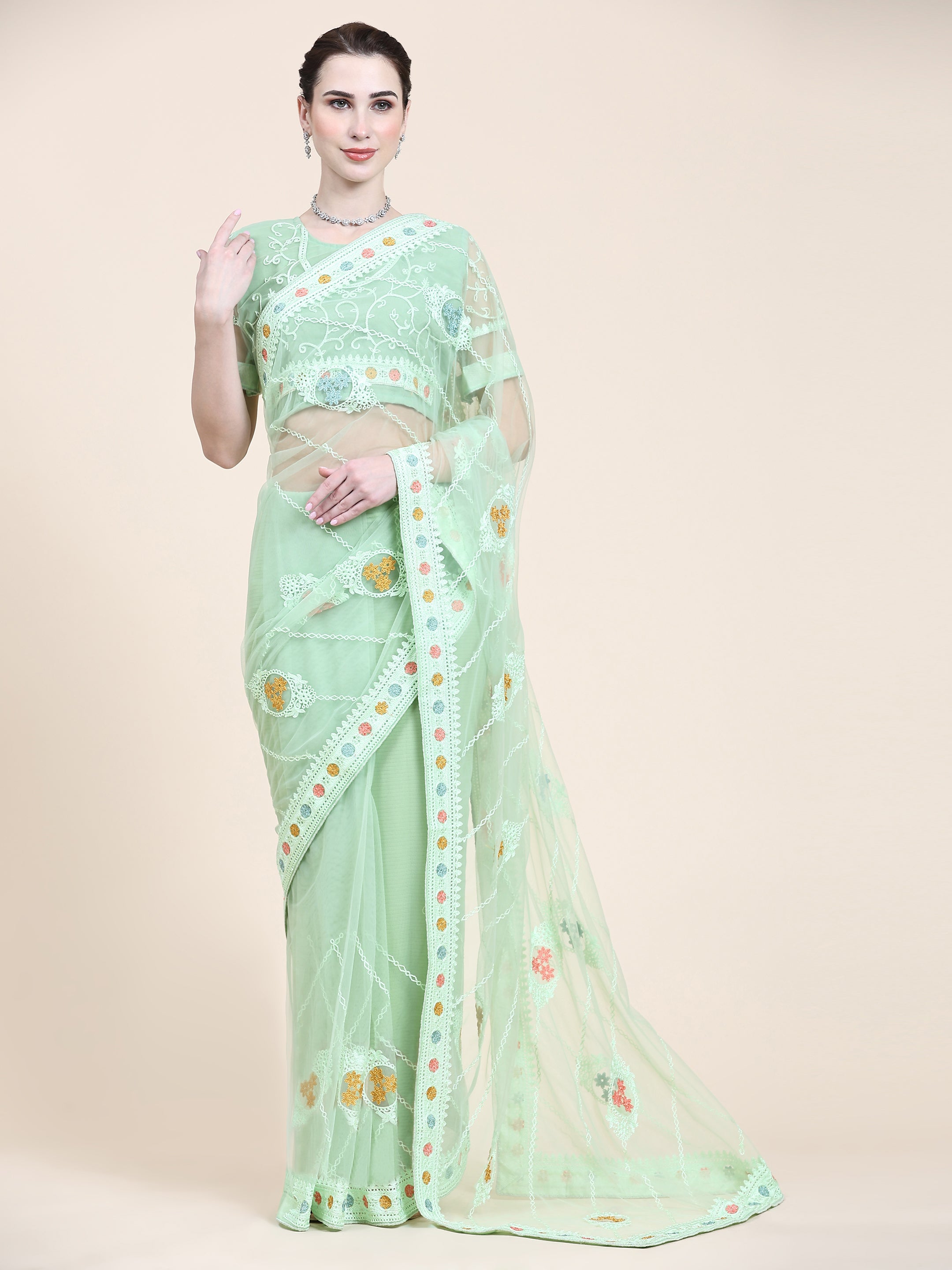 Women's Embroidery Paty Wear Contemporary Net Saree With Blouse Piece (Pista Green) - NIMIDHYA