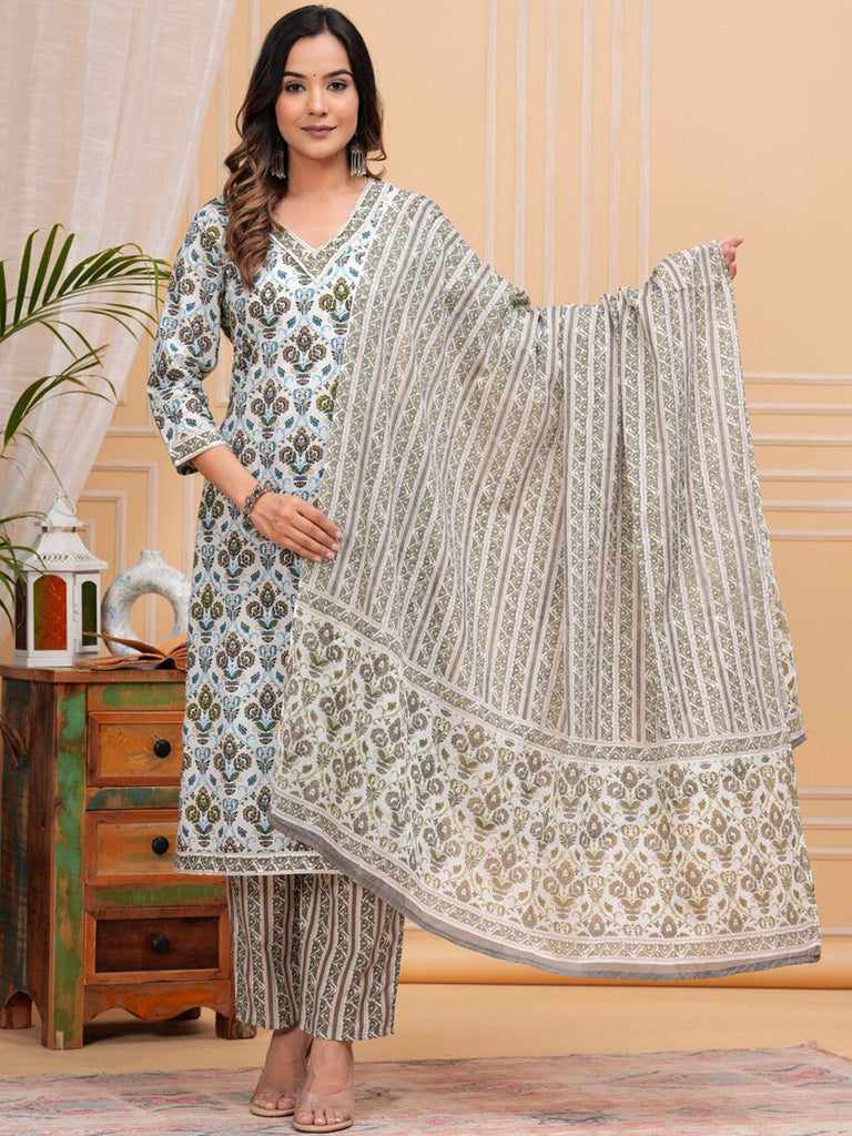 Women's Floral Printed Regular Cotton Straight Kurta with Palazzos & With Dupatta