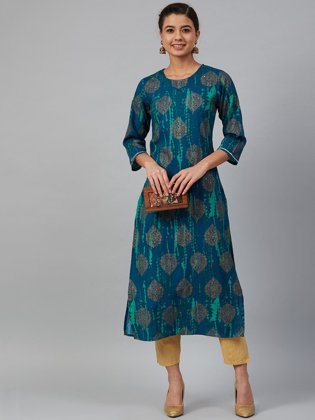 Women's Navy Blue & Green Printed Straight Kurta
