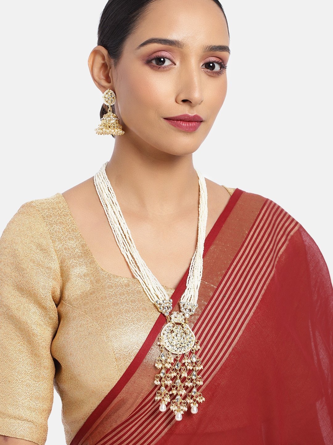 Women's Gold Plated White Ethnic Kundan Pearl Studded Long Necklace Set