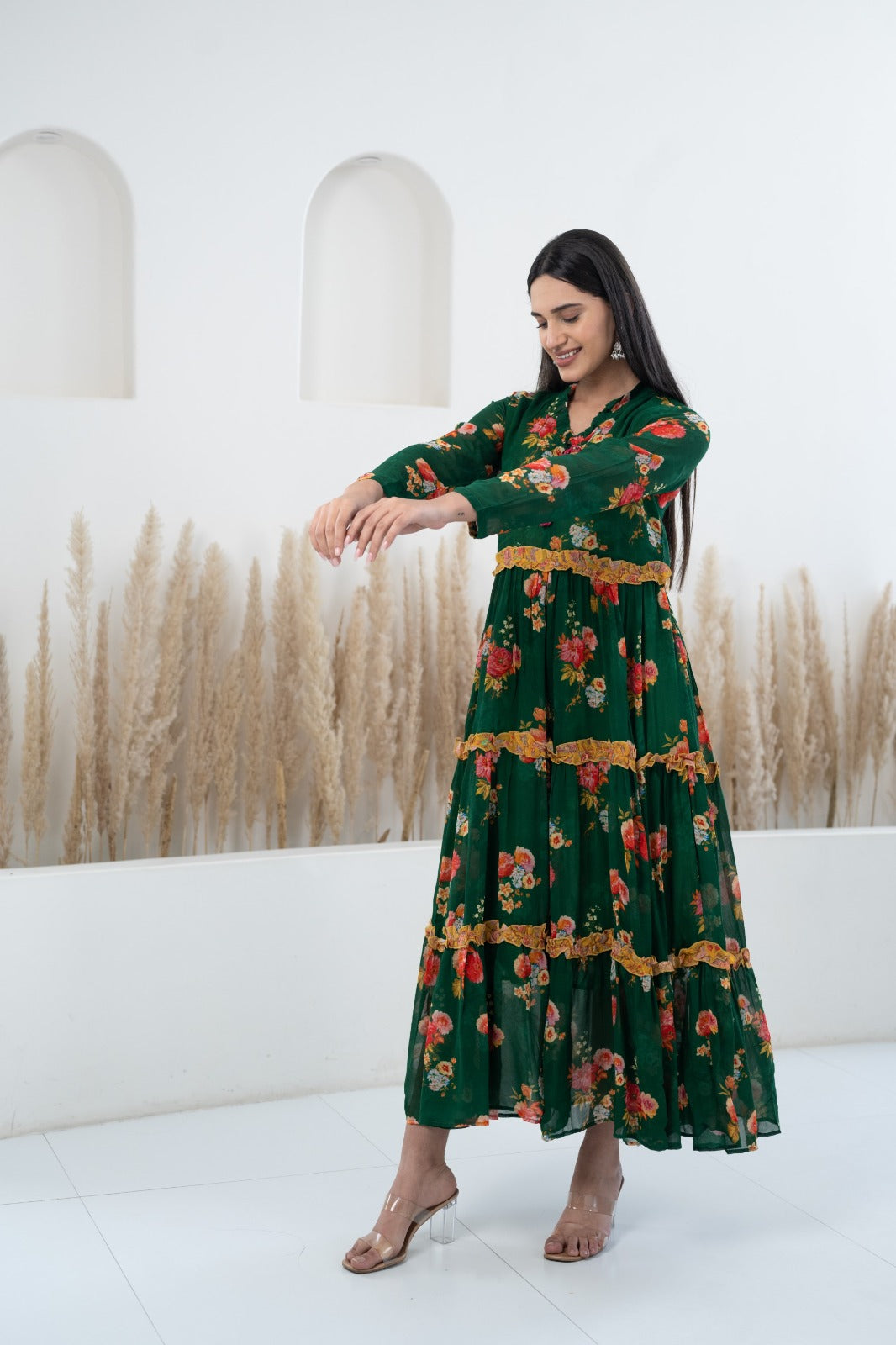 Women’s Green Floral Printed Long Dress by Myshka- 1 pc set