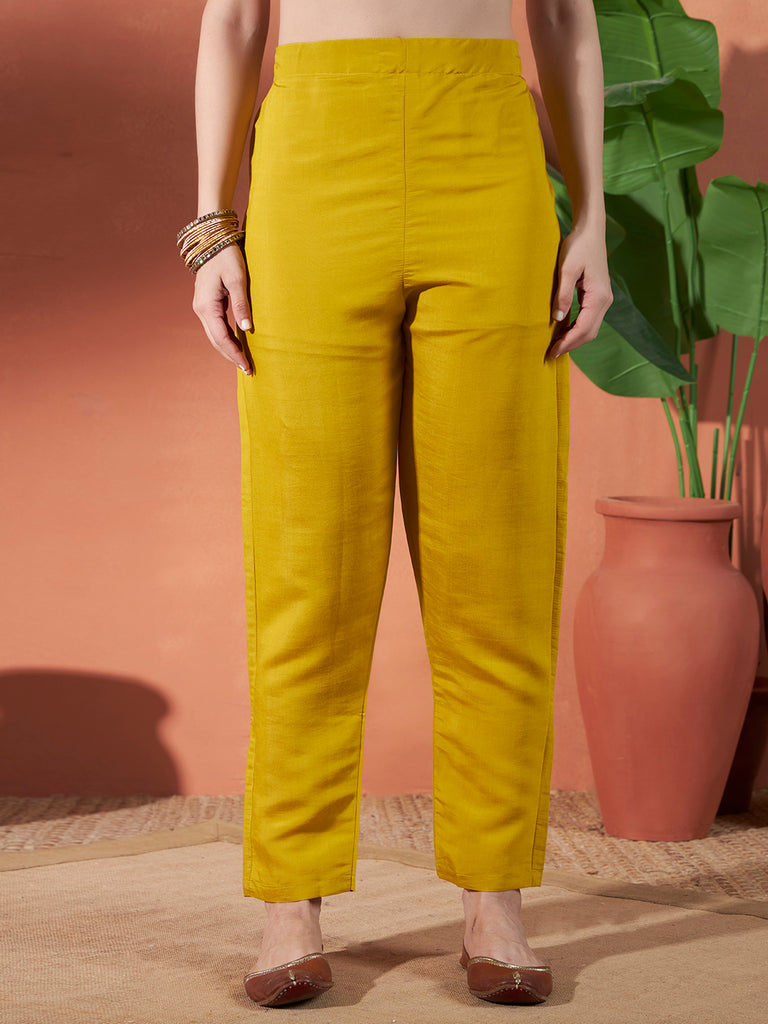 Women's Yellow Viscos Rayon Embroidery Work Kurta Set