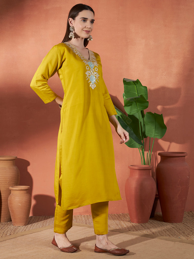 Women's Yellow Viscos Rayon Embroidery Work Kurta Set