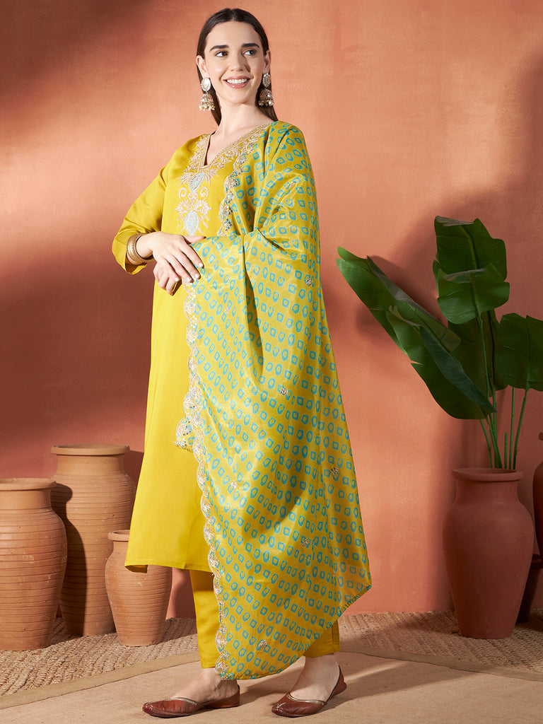 Women's Yellow Viscos Rayon Embroidery Work Kurta Set