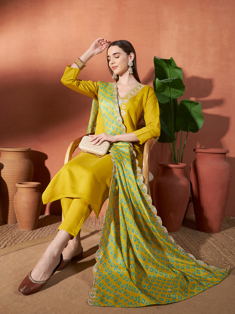 Women's Yellow Viscos Rayon Embroidery Work Kurta Set