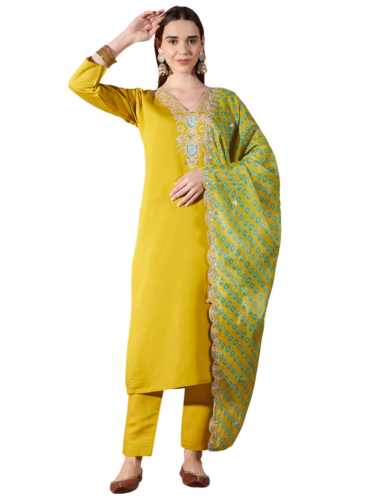 Women's Yellow Viscos Rayon Embroidery Work Kurta Set
