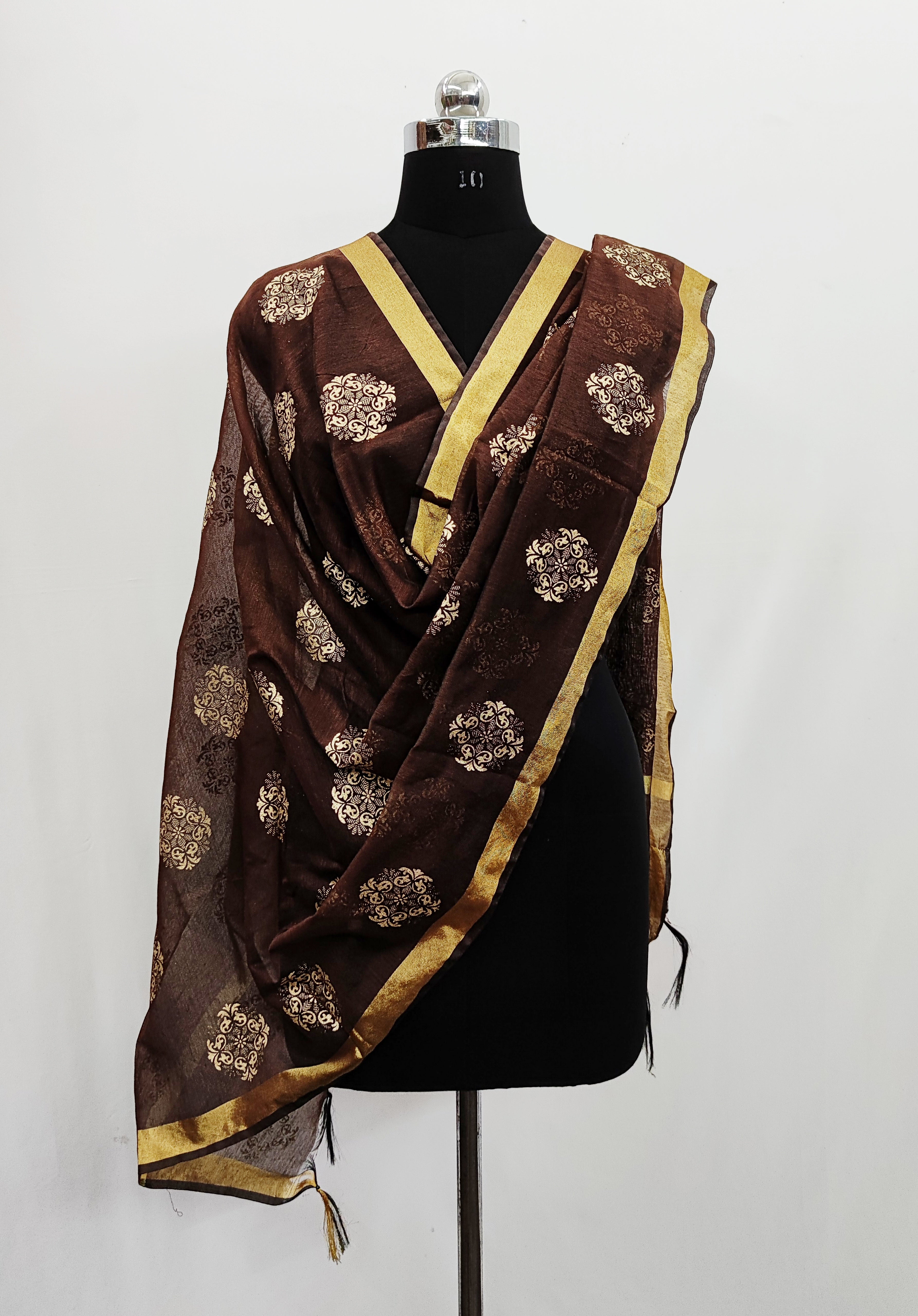 Women's Brown Self Woven Gold Zari Paisley Design Cotton Silk Dupatta With Tassles - NIMIDHYA
