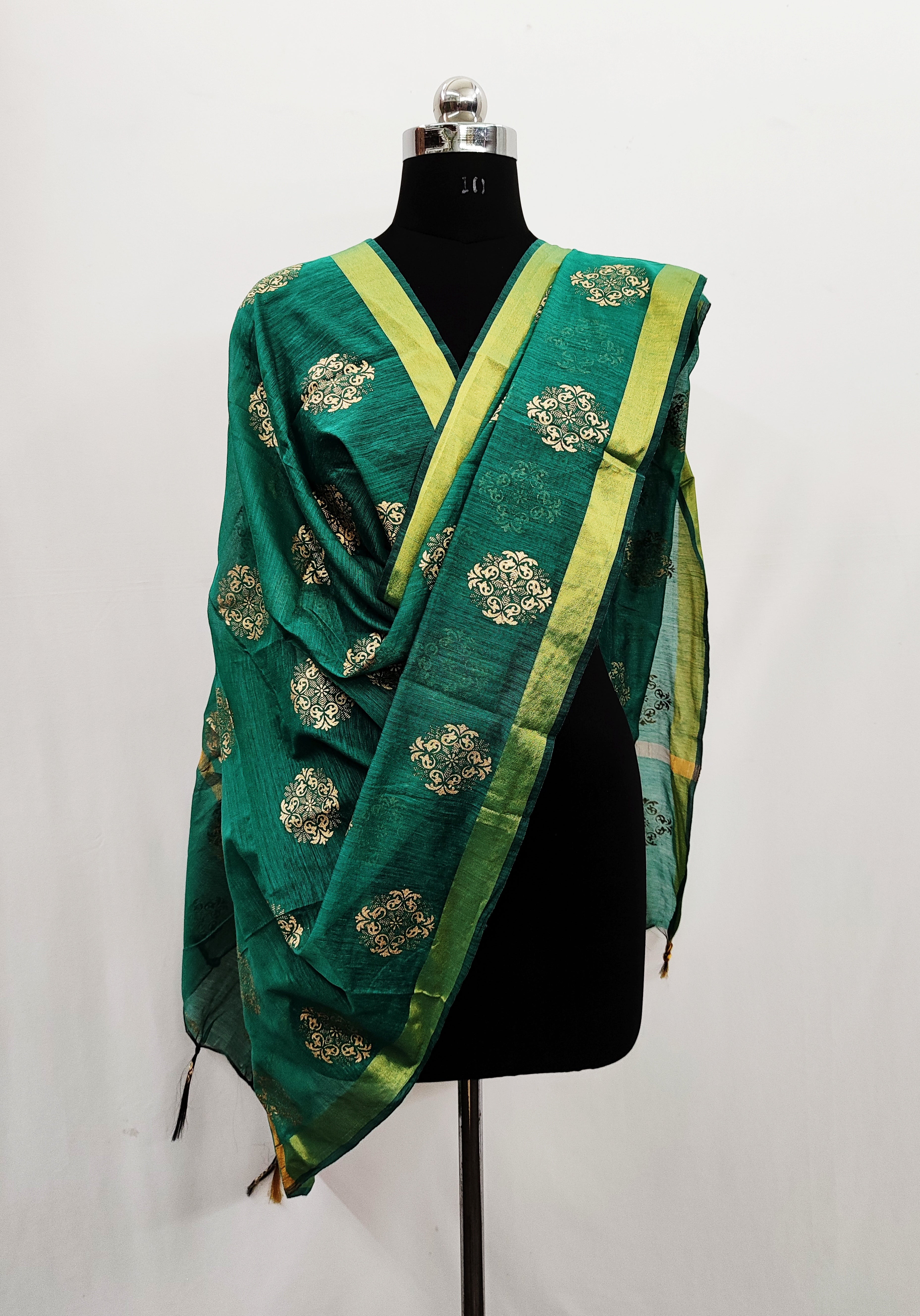 Women's Dark Rama  Self Woven Gold Zari Paisley Design Cotton Silk Dupatta With Tassles - NIMIDHYA