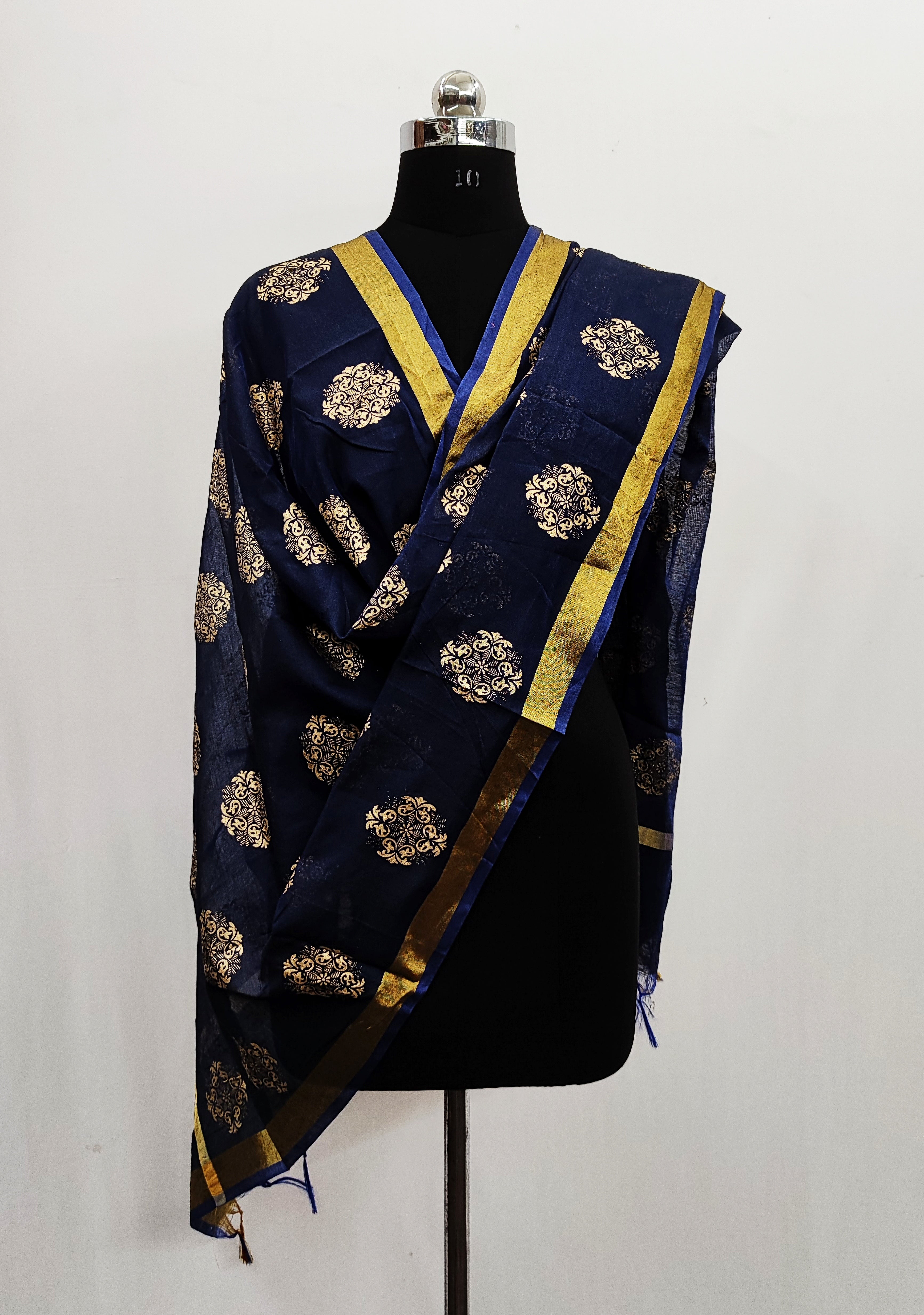 Women's Navy Blue Self Woven Gold Zari Paisley Design Cotton Silk Dupatta With Tassles - NIMIDHYA
